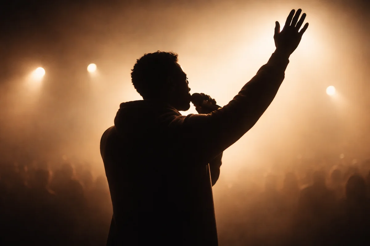 A silhouetted figure holding a microphone with one hand raised in warm golden light.